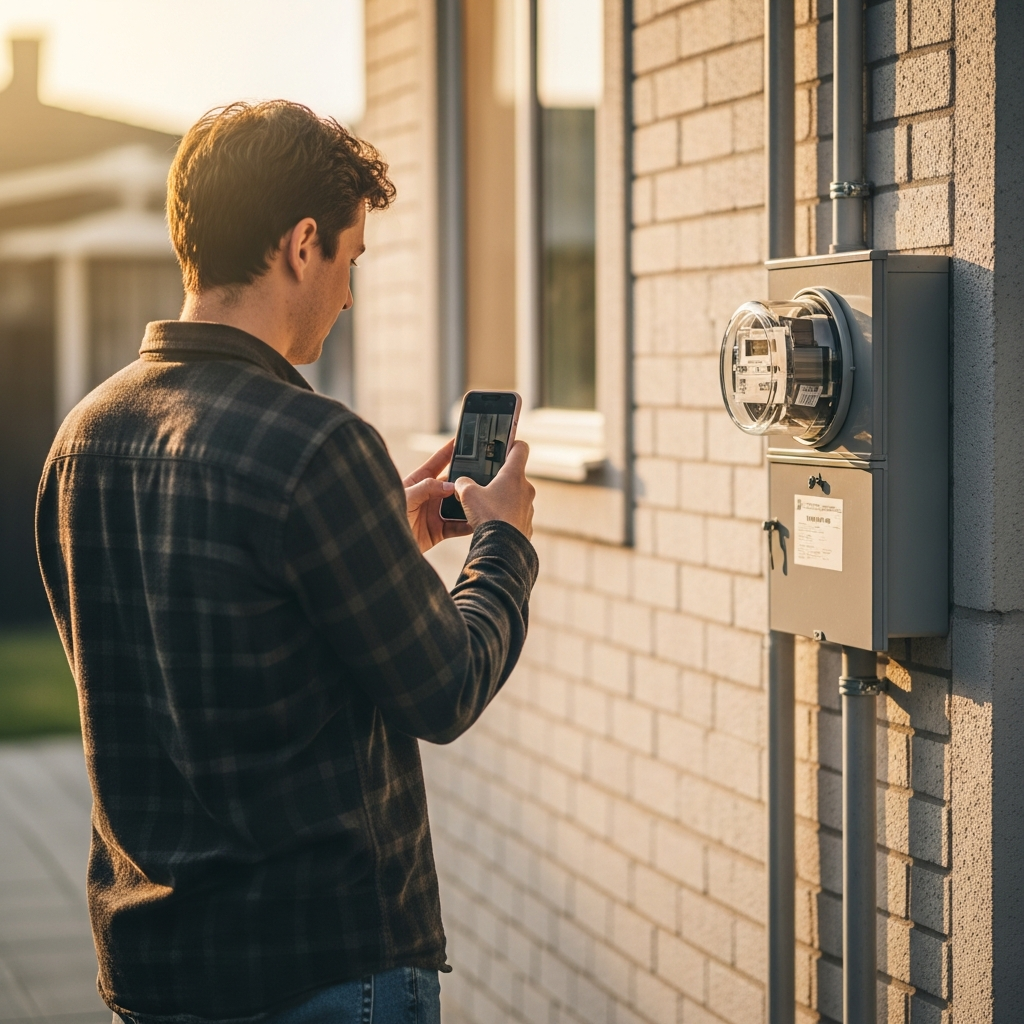 Ausgrid Export Limits Explained For Sydney Solar Owners - A person in casual clothes is looking at their home's electricity meter box on an exterior wall. They are using their smartphone to take a photo of a small label or display on the meter box, implying they are documenting or checking a setting. The scene is well-lit and approachable, not overly technical.
