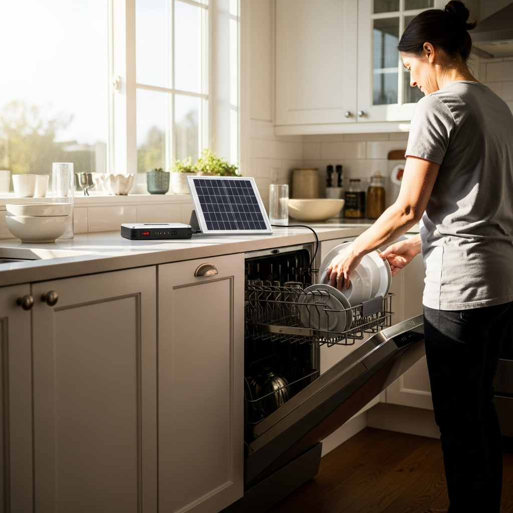 Ausgrid Export Limits Explained For Sydney Solar Owners - A bright, airy kitchen during the daytime. Sunlight is streaming in. A person is loading a dishwasher, visibly powered by the sun. The scene conveys the idea of using solar energy to power everyday household tasks.
