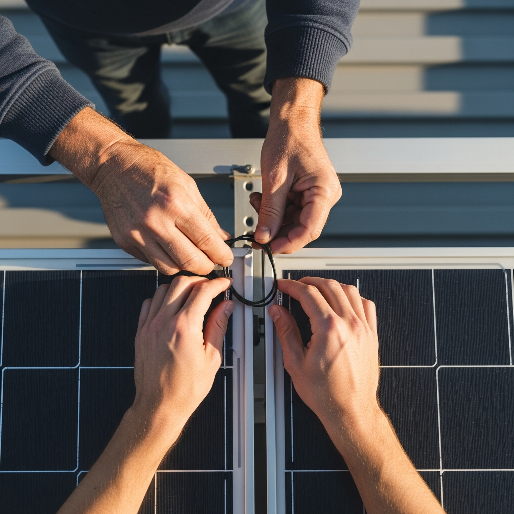 Solar Installers Hills District - An overhead shot of two sets of hands – one older, one younger – working together to connect a solar panel. The older hands (representing experience) are guiding the younger hands (representing the future). The background is a clean rooftop, conveying a sense of skill, intergenerational knowledge transfer, and the longevity of solar.