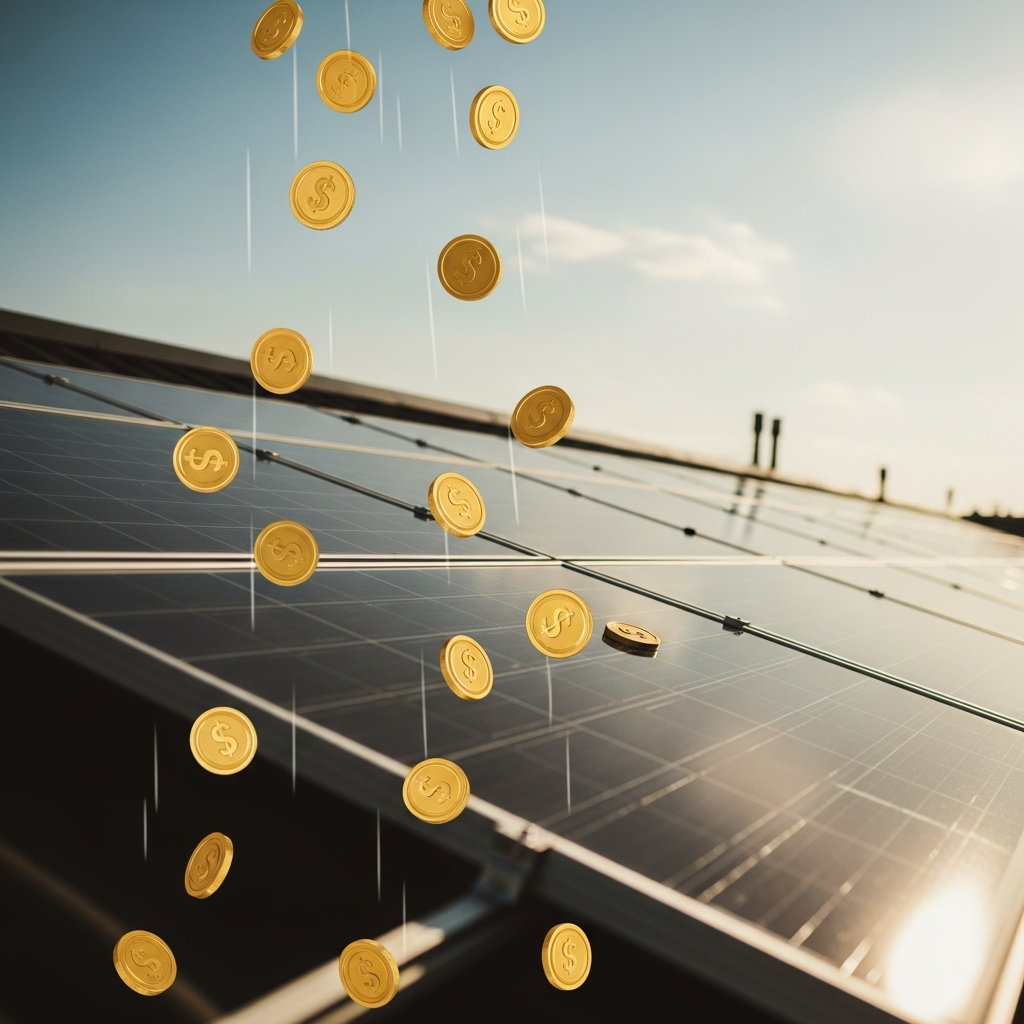 Brisbane Solar Panel Installation Quote - A sun-drenched rooftop with newly installed solar panels. The panels are clean and modern, reflecting the bright blue sky. In the foreground, a stylized depiction of sunlight is 'raining' down as golden coins onto the panels, visually representing the financial benefits of the SRES rebate. The coins are generic and do not depict any specific currency.
