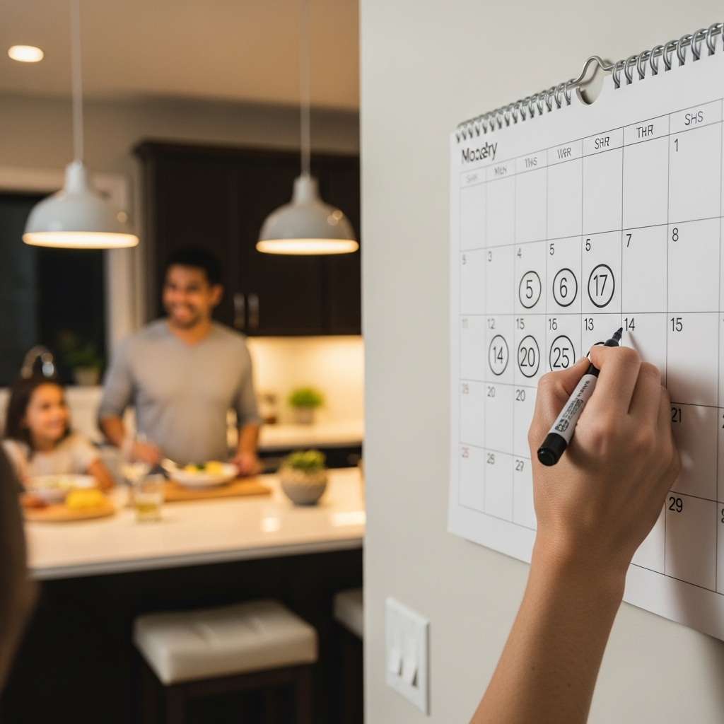 Brisbane Solar Panel Installation Quote - A calendar on a kitchen wall. A hand is circling dates spanning approximately 8 weeks with a marker. The kitchen is bright and modern, with a family member visible in the background, smiling while preparing a meal. The calendar dates and any other text are illegible.