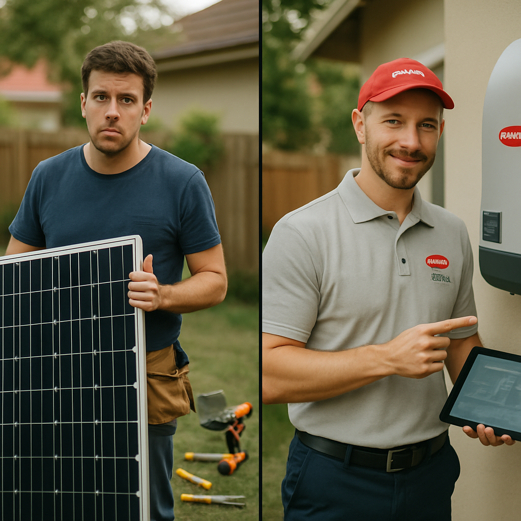 Find A Certified Fronius Installer Near Me In Sydney - Split-screen image. On the left, a standard solar installer is depicted as slightly disorganised, with tools scattered around, looking puzzled while holding a generic solar panel. On the right, a Fronius Solutions Partner is shown in a clean uniform, confidently pointing to a Fronius inverter with a knowledgeable expression, and a tablet displaying a stylized (illegible) schematic of a solar system. Both installers are in a residential setting.