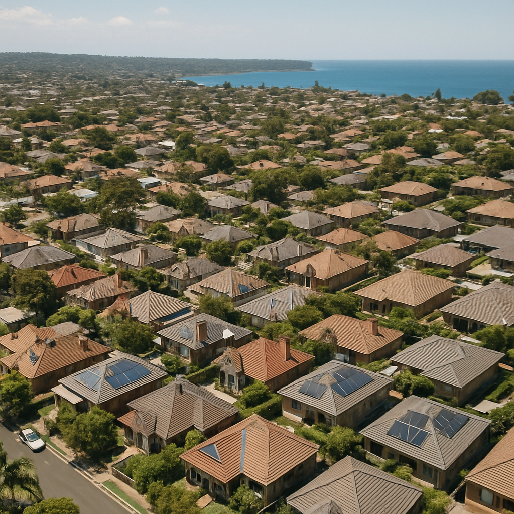 Find A Certified Fronius Installer Near Me In Sydney - An aerial view of a diverse suburban landscape in Sydney, showcasing a mix of coastal homes (Northern Beaches), heritage homes (Eastern Suburbs, Inner West), and larger family homes (Greater Western Sydney). Subtle visual cues distinguish the regions - e.g., a distant view of the ocean for the Northern Beaches, federation style architecture in the Inner West. Stylized (not legible) solar panels are visible on several roofs. The overall tone is bright and sunny.