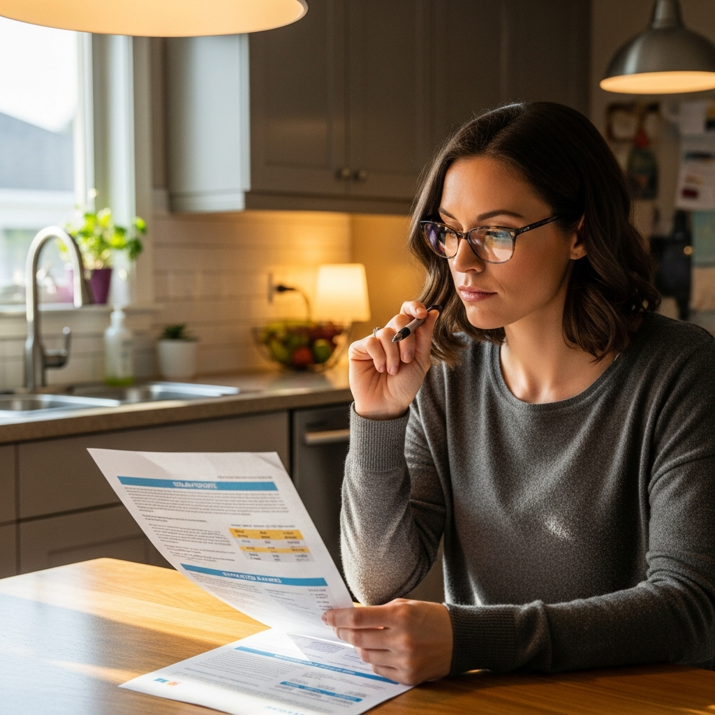 Solar Panel Installer Melbourne - A close-up shot of a woman sitting at her kitchen table, reviewing a printed solar quote with a pen in her hand. She's wearing reading glasses and looking thoughtfully at the document. The quote itself should contain illegible lines of text and stylized tables.