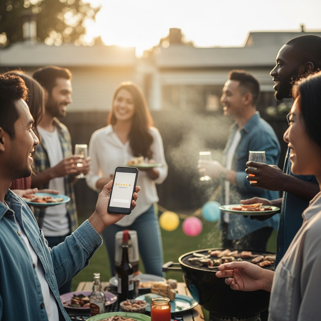 Solar Panel Installer Melbourne - A friendly, diverse group of neighbours are gathered at a casual outdoor barbecue in a sunny backyard. One person is showing their smartphone to another, presumably displaying a positive review or testimonial for a local solar installer. The atmosphere is relaxed and trustworthy.