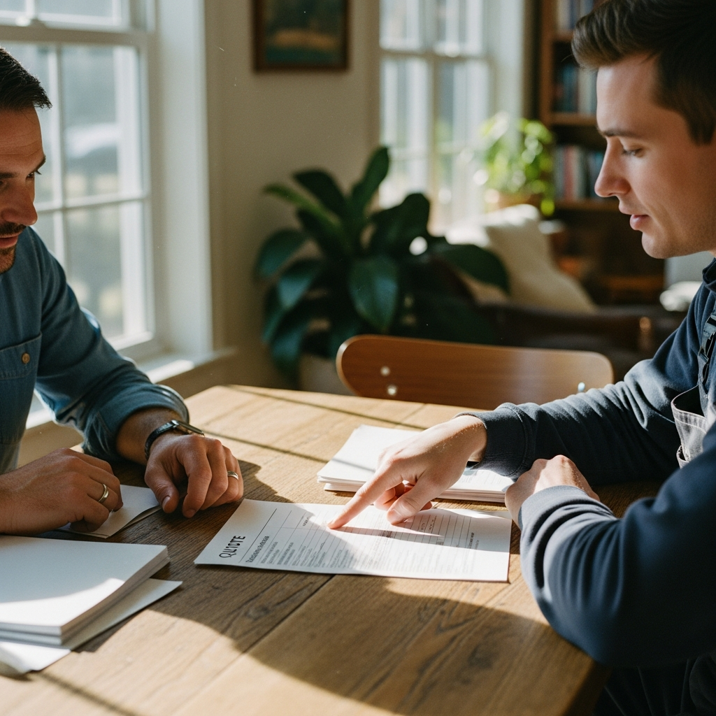 Tesla Powerwall Installer Melbourne - A close-up shot of two people (one possibly the homeowner, the other an installer) sitting at a table reviewing documents. One person's finger is pointing to a specific line item in a detailed, but intentionally illegible, quote. The overall tone is one of careful consideration and transparency.