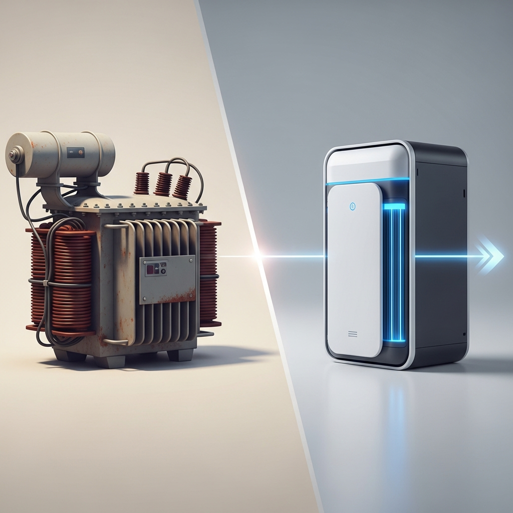 Tesla Powerwall Installer Melbourne - A split-screen image. On one side, a stylized (unbranded) graphic represents older energy technology (e.g., a less efficient, bulky transformer). On the other side, a more streamlined, modern, and compact representation of energy storage technology, with clean lines and a futuristic feel. The overall message is progress and improvement.