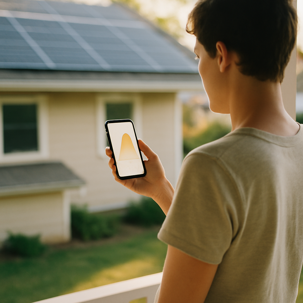 Questions To Ask Solar Installer Sydney - A person is standing on their porch, looking at a stylized and illegible graph on their smartphone that represents solar energy production data. The morning light is hitting the solar panels on their roof in the background. The focus is on the act of monitoring and understanding solar output, with an emphasis on ease of use.