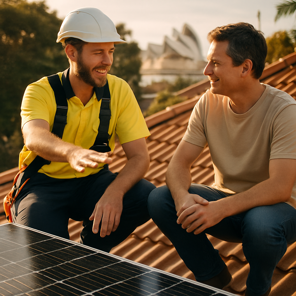 Questions To Ask Solar Installer Sydney - A friendly solar installer is explaining the installation process to a homeowner on their roof. The installer is gesturing towards the secure mounting of a solar panel, while the homeowner listens attentively. The atmosphere is collaborative and reassuring, suggesting a transparent and reliable installation process.