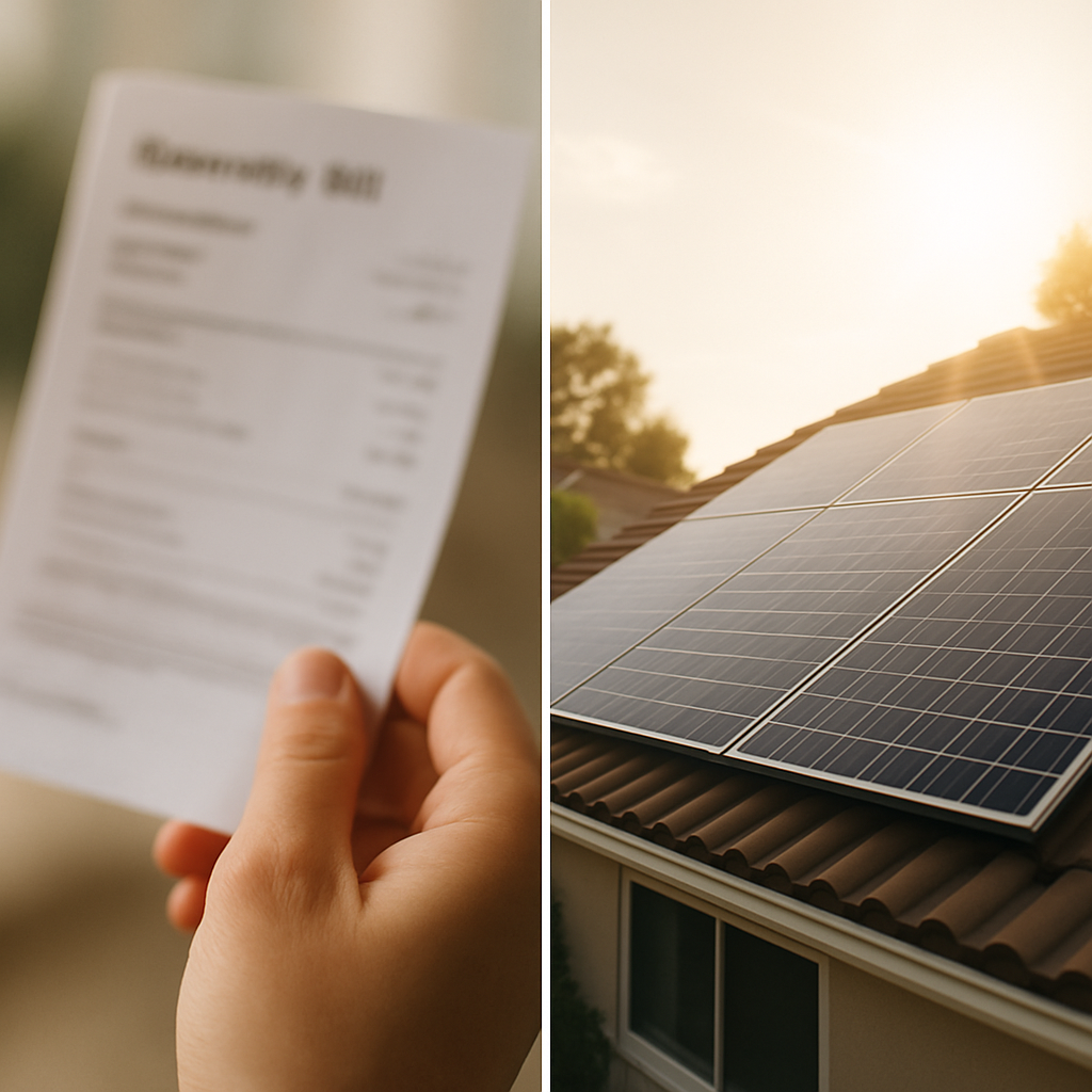 What Size Solar System Do I Need For A 4-Bedroom House In The Sydney Suburbs? - A split image. On the left, a close-up of a hand holding an electricity bill. On the right, bright sunlight shining on a residential rooftop with clean, modern solar panels. The visual metaphor suggests sunshine is 'paying' for the electricity.