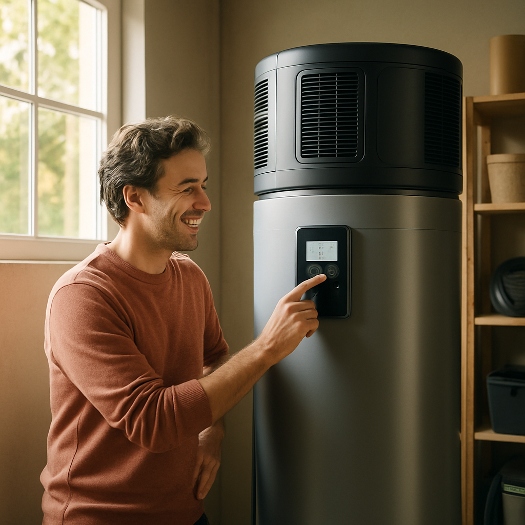 What Size Solar System Do I Need For A 4-Bedroom House In The Sydney Suburbs? - A homeowner happily adjusting the settings on a modern heat pump water heater in their well-lit garage. Sunlight streams in through a window, suggesting the power source. The heater is sleek and energy-efficient looking, but not a specific brand.