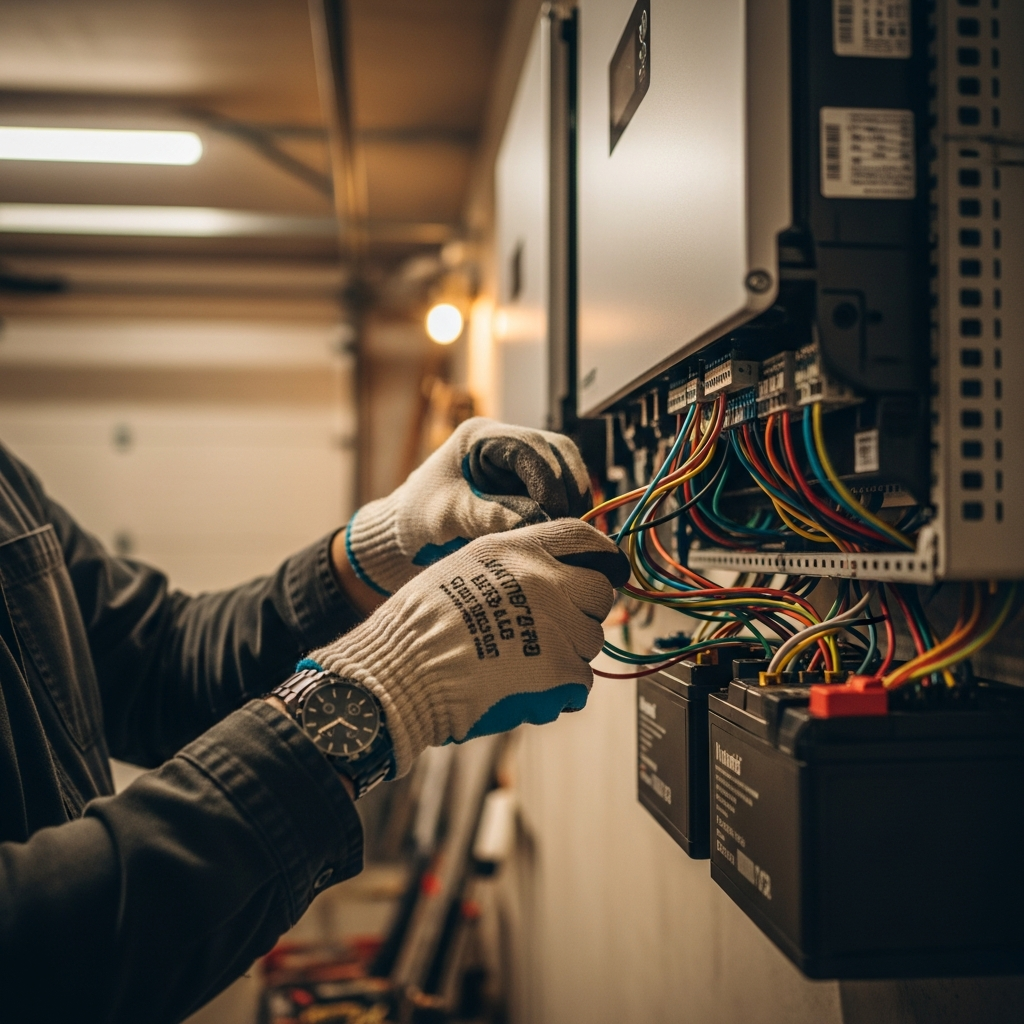 Best Fronius Inverter Installers Melbourne Suburbs - A close-up shot of an electrician's hands carefully wiring connections inside a sleek, modern hybrid inverter and battery system mounted on a garage wall. The wiring is neat and organized. The background is slightly blurred to focus on the precision of the work.