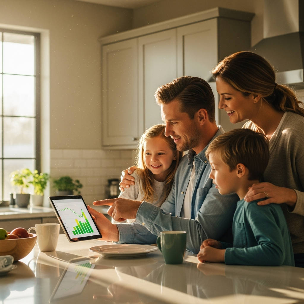 Best Fronius Inverter Installers Melbourne Suburbs - A sun-drenched kitchen scene. A young family (parents and two children) are happily gathered around a kitchen island. The father is pointing to a tablet that displays a simplified, colorful, and illegible graph indicating a significant reduction in energy consumption. The scene conveys a feeling of financial well-being and happiness.