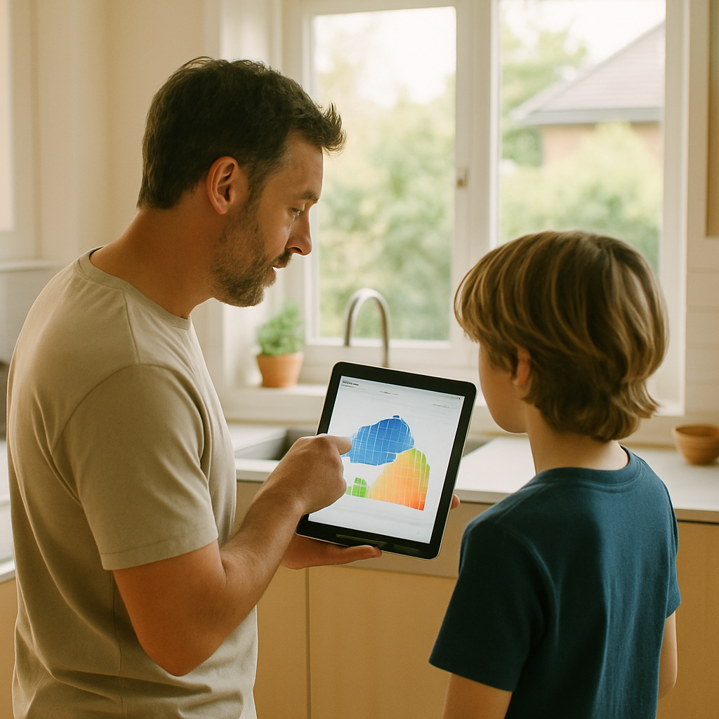 Smart Meter Solar Feed-In Tariff Nsw - A parent and child are standing side-by-side looking at a colourful graph or chart (stylized, unreadable data) displayed on a tablet. The parent is pointing to a specific point on the chart, seemingly explaining how the solar panel system is performing. The setting is a bright, modern kitchen.