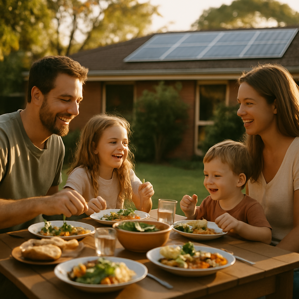 Smart Meter Solar Feed-In Tariff Nsw - A wide, horizontal shot of a typical Australian family (two parents, two young children) happily gathered around an outdoor dining table. They are enjoying a meal, and the scene is bathed in the warm, golden light of late afternoon. Solar panels are subtly visible on the roof of their house in the background, symbolizing energy independence and savings.