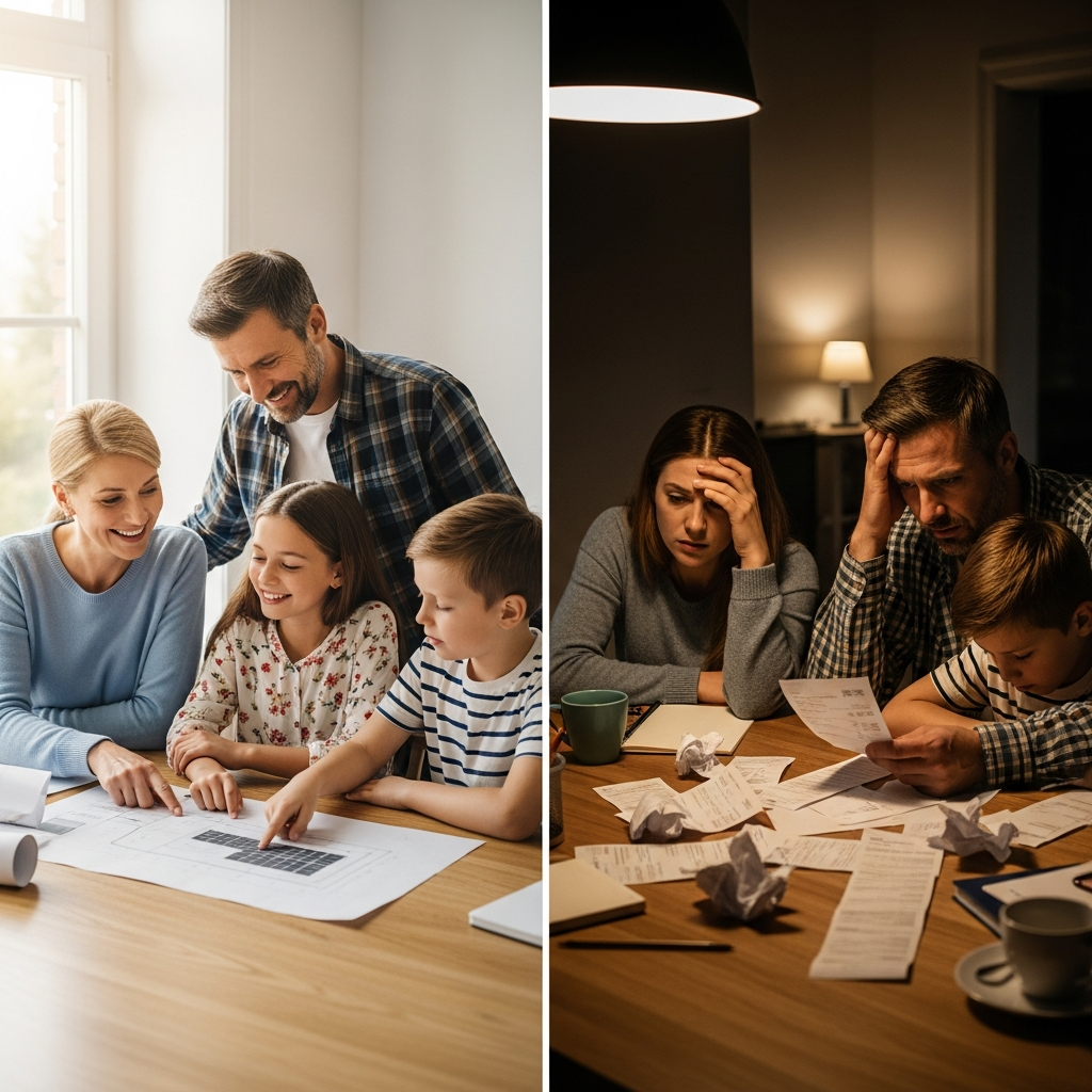 Solar Quotes Sydney Hidden Costs - A split-screen image. On one side, a happy family is gathered around a dining table looking at solar panel plans. On the other side, the same family looks stressed and worried, gathered around the same table with unexpected bills spread out. The contrast highlights the potential for hidden costs to disrupt a happy home.