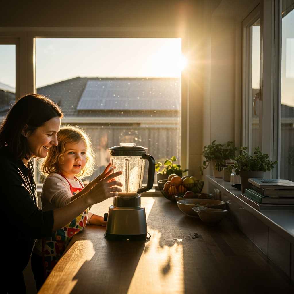 Solar Quotes Sydney Hidden Costs - A sun-drenched kitchen scene. A young child is helping their parent make a smoothie using a blender. Sunlight streams in through the window, highlighting the solar panels visible on the roof outside. The scene conveys the idea of using self-generated solar power to fuel everyday family life.