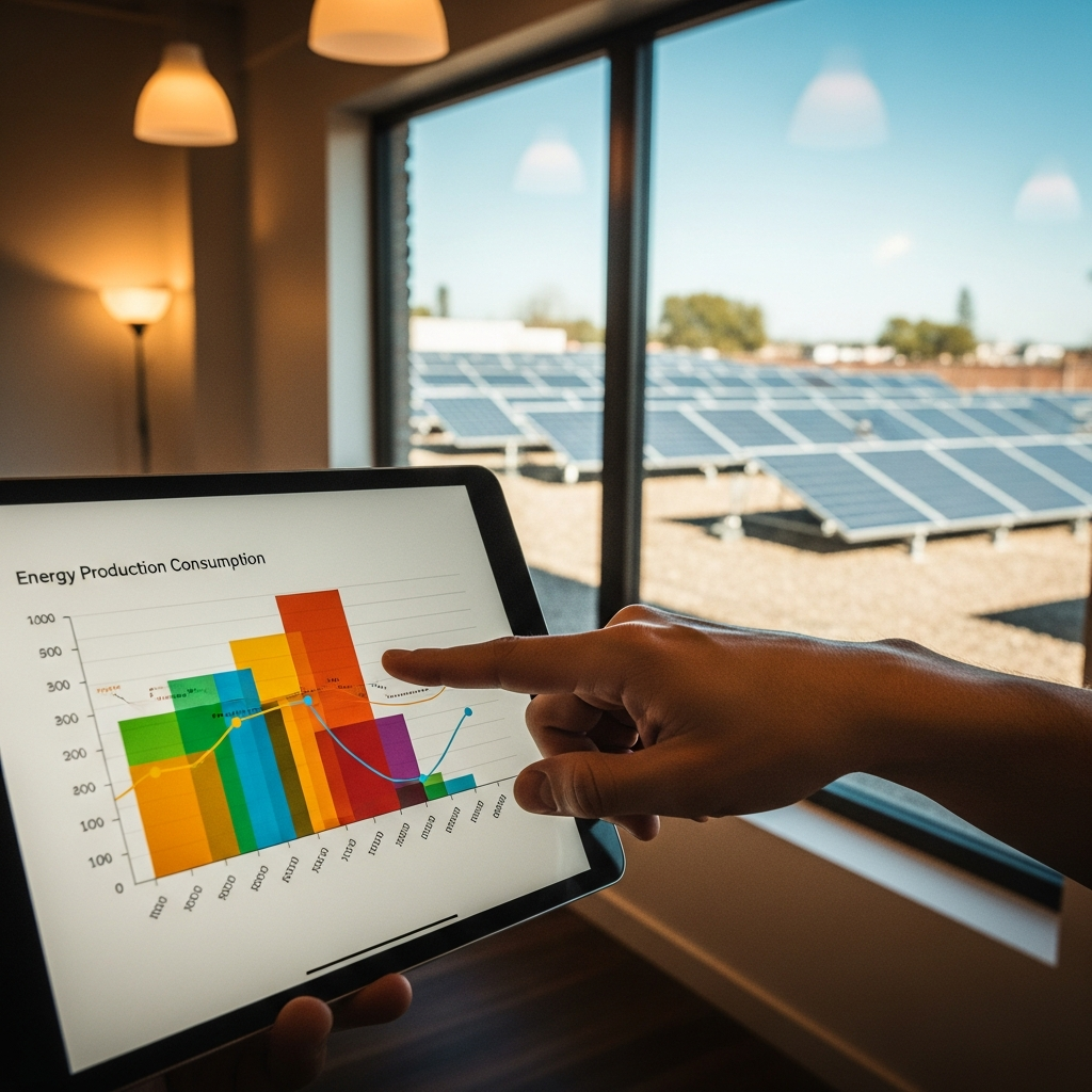 Electricity Bill After Solar Installation Sydney - A split-screen image. On one side, a hand points to a simplified, colorful graph showing energy production and consumption. On the other side, the same hand points to a sunny rooftop with solar panels. The overall feeling is one of simple clarity and understanding.