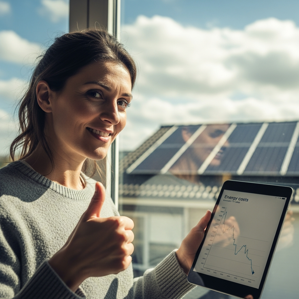 Electricity Bill After Solar Installation Sydney - A woman smiling and holding a tablet displaying a graph showing decreasing energy costs. Behind her, through a window, you can see solar panels on a bright, sunny day. She is giving a thumbs up.