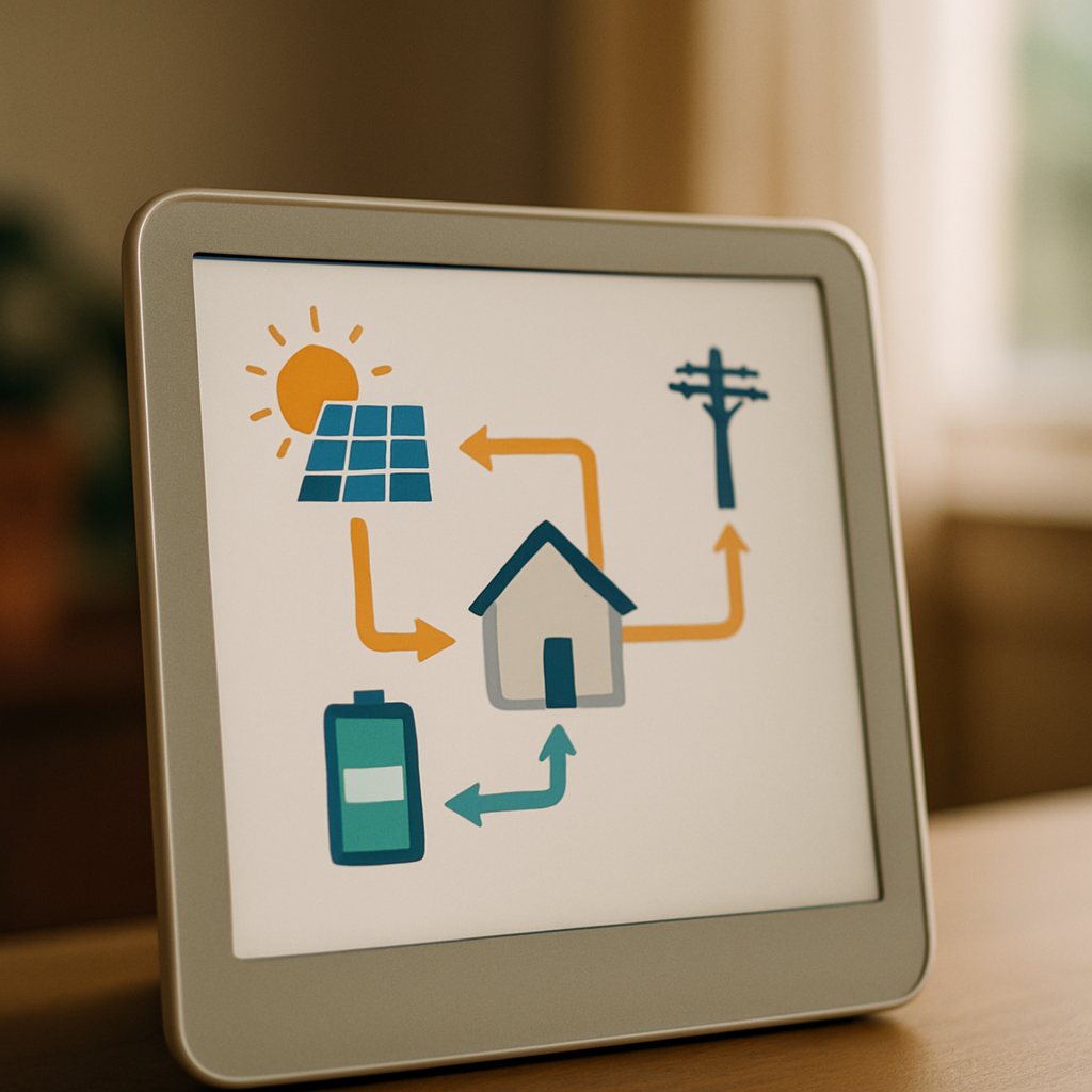 13.5Kwh Battery For Sydney Home - A close-up shot of a home energy monitoring system's display. The screen is showing a stylized, colorful chart illustrating the flow of energy between solar panels (represented by a sun icon), a home battery (represented by a battery icon), and the grid (represented by a power pole icon). Arrows indicate the direction of energy flow. The UI is clear, modern and devoid of specific branding.