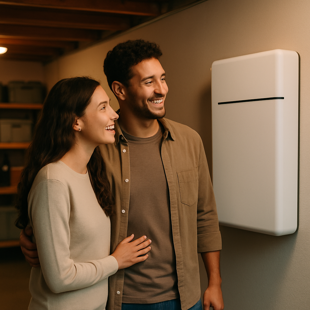 13.5Kwh Battery For Sydney Home - A young couple standing in their garage, looking at a sleek, modern home battery installed on the wall. They are smiling and appear pleased with their investment. The garage is clean and well-lit, suggesting a modern, organized home.
