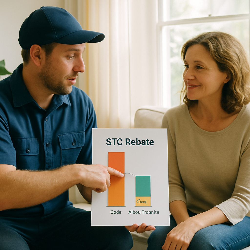 Nsw Solar Rebates - A friendly and knowledgeable solar installer is explaining the STC rebate process to a homeowner in their living room. The installer is pointing to a simplified, colorful (but illegible) chart illustrating the cost breakdown before and after the rebate. The homeowner is listening attentively with a slight smile.