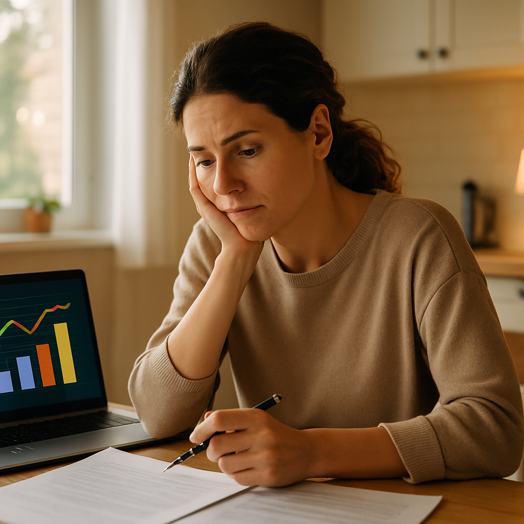 Nsw Solar Rebates - A woman is sitting at her kitchen table, looking slightly disappointed while reviewing some documents on her laptop. She is holding a pen but not writing. The kitchen is clean and well-lit, with a window showing a sunny day outside, creating a sense of missed opportunity but also potential for a bright future.
