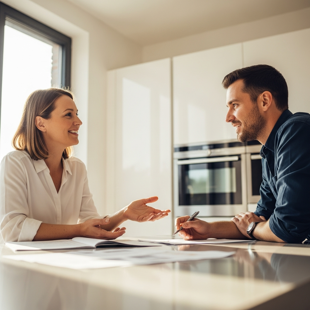 Adding Battery To Existing Solar System Sydney - A person is sitting at a kitchen table, reviewing paperwork with a solar installer. The paperwork is illegible. Both are smiling and the setting is a bright, modern kitchen. The image emphasizes trust and a positive customer experience.