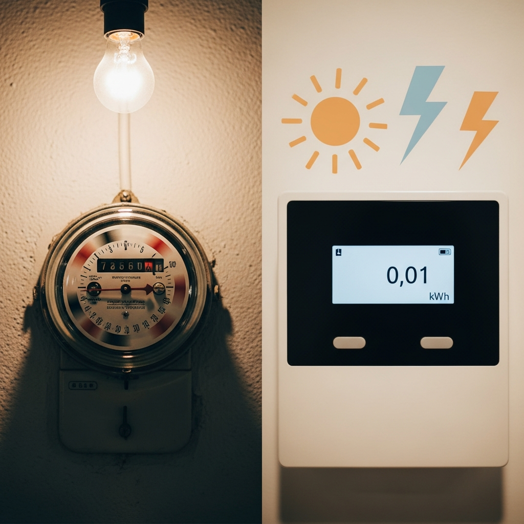 Adding Battery To Existing Solar System Sydney - A split-screen visual metaphor: On one side, a traditional electricity meter is spinning rapidly. On the other side, a modern smart meter display is showing a very low number, with a stylized sun graphic and a lightning bolt graphic. The image should convey the difference between high and low energy bills in a visual and relatable way.