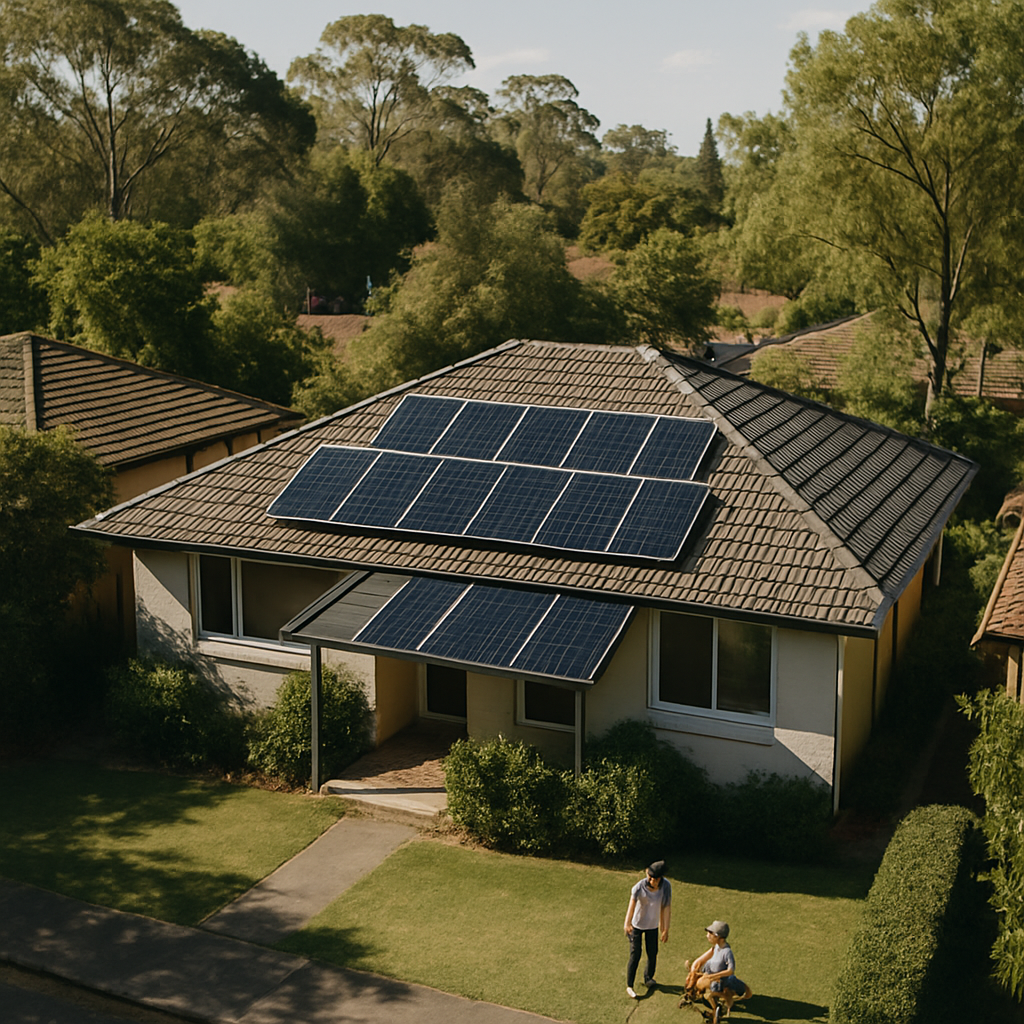Stc Solar Rebate - A sunny, aerial view of a typical suburban home in Sydney, Australia. The roof is partially covered with modern solar panels. The surrounding landscape is green and lush, indicating a family-friendly neighborhood. The scene conveys the idea of a comfortable, modern, and energy-efficient home.