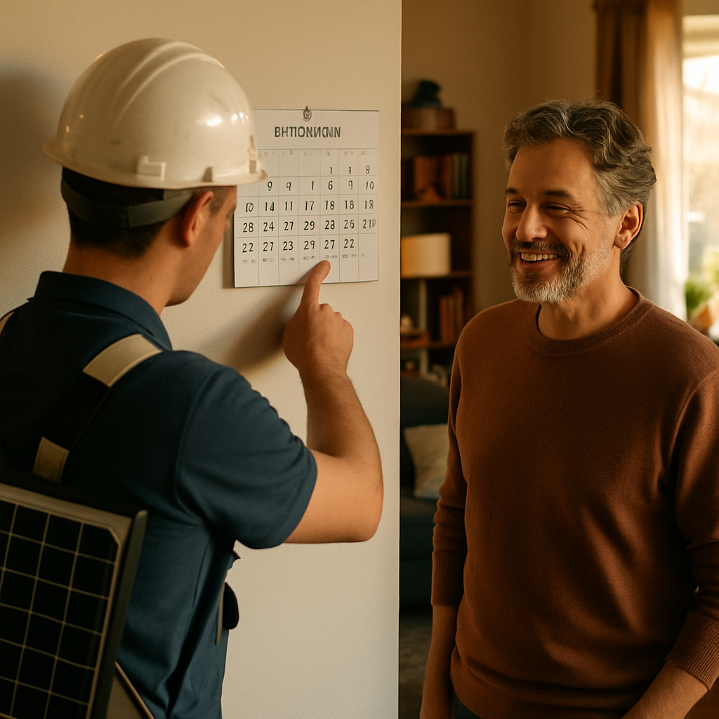 Stc Solar Rebate - A friendly solar panel installer is pointing at a calendar hanging on a homeowner's wall. The calendar is open to December 2025. The homeowner is smiling and nodding, indicating a productive discussion about scheduling. The scene suggests planning and deadlines.