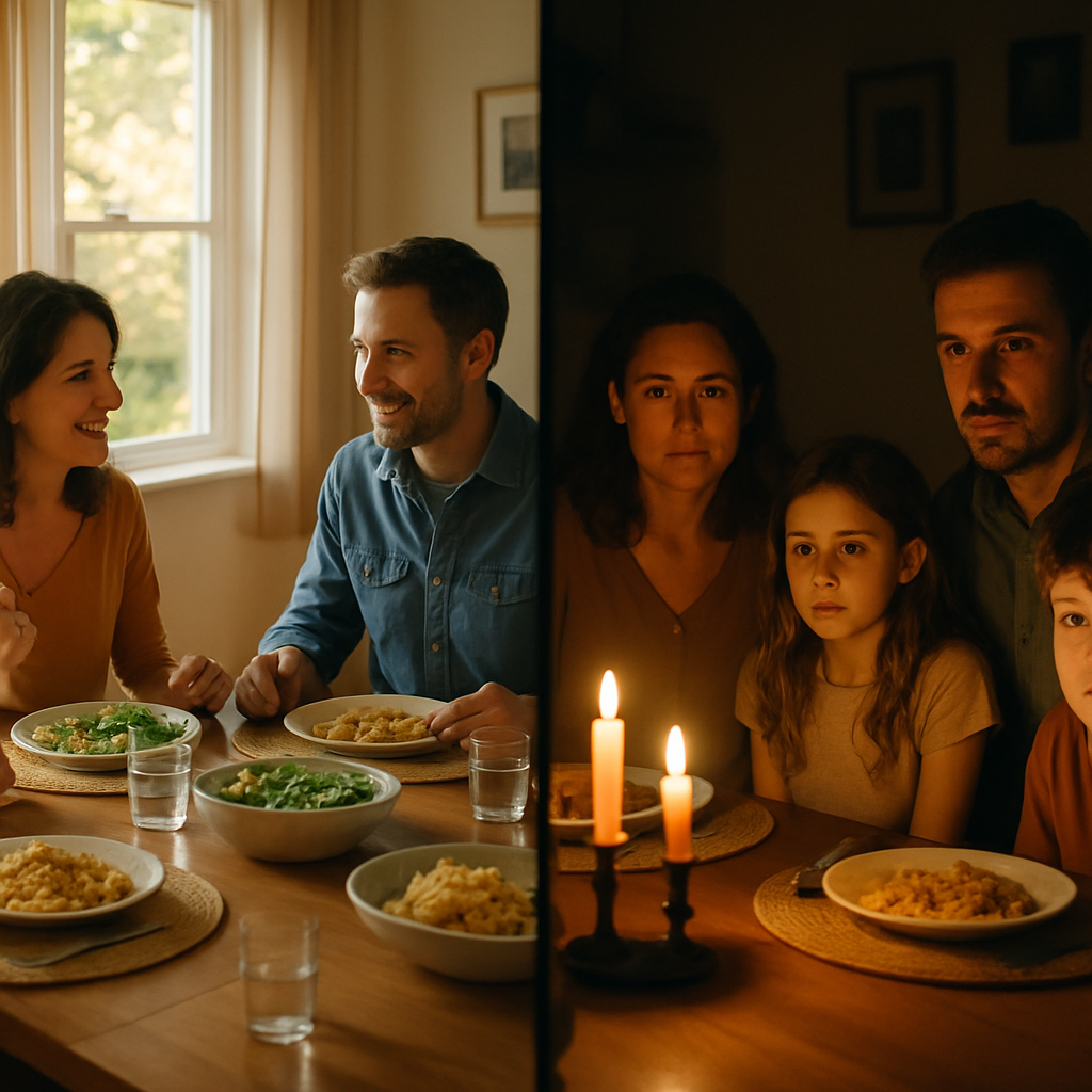 Best Battery Backup Systems In Sydney - A split-screen image. On the left, a family is gathered around a dining table illuminated by warm, natural light from the sun outside. On the right, the same family is shown by candlelight with worried expressions. A faint grid line separates the two scenes, representing the choice between solar independence and grid reliance.