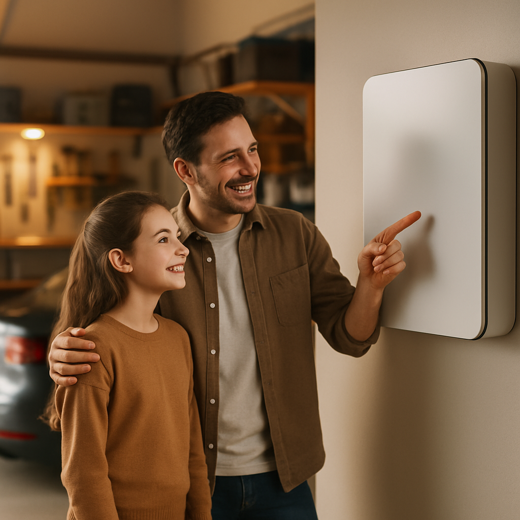 Best Battery Backup Systems In Sydney - A modern garage interior, clean and well-organized. A family – a father and daughter – stand proudly in front of a sleek, wall-mounted home battery system. The father is pointing towards the battery, explaining something to his daughter, who is listening attentively. They are both smiling, suggesting a sense of accomplishment and energy independence.