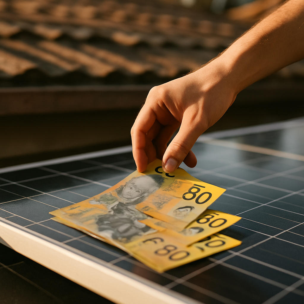 2026 Stc Rebate Change Sydney Solar Prices - A hand placing Australian currency notes (specifically $50 notes) onto a solar panel installed on a residential roof. The panel is clean and modern-looking. The focus is on the financial benefit of solar energy.