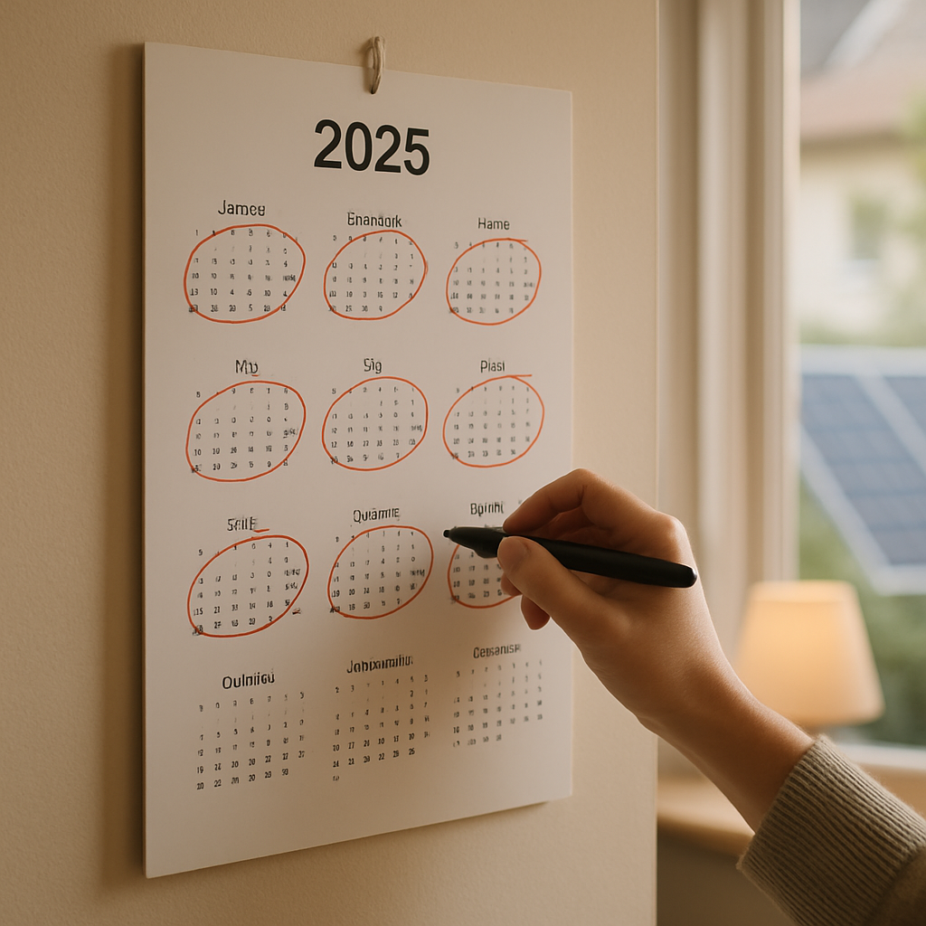 2026 Stc Rebate Change Sydney Solar Prices - A calendar showing the year 2025 prominently. A hand is circling the months with a marker, symbolizing taking action. A solar panel is subtly visible in the background, reinforcing the theme.