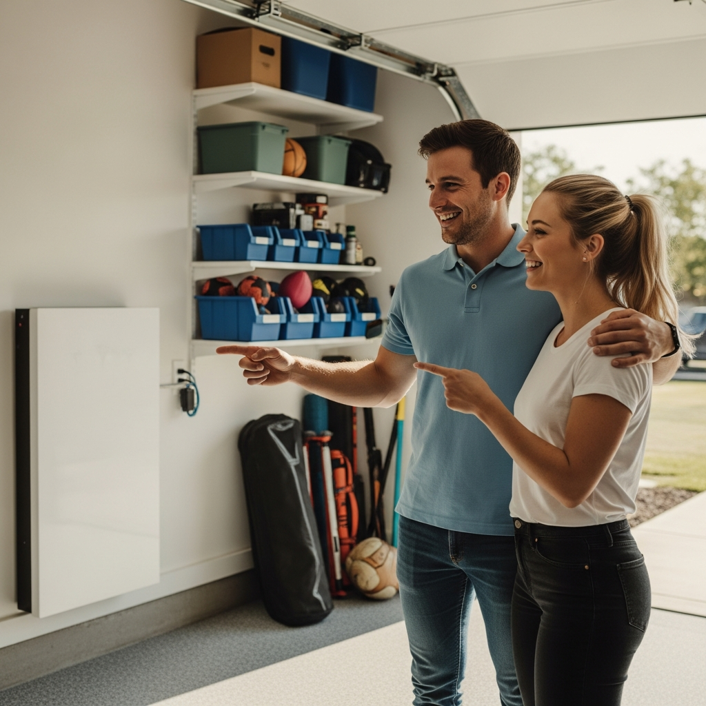 Tesla Powerwall Payback Period Sydney - A young couple stands proudly next to a newly installed Tesla Powerwall in their garage. The garage is clean and organized. They are pointing at the battery with smiles, suggesting excitement and satisfaction with their investment. Sunlight streams in from the open garage door.