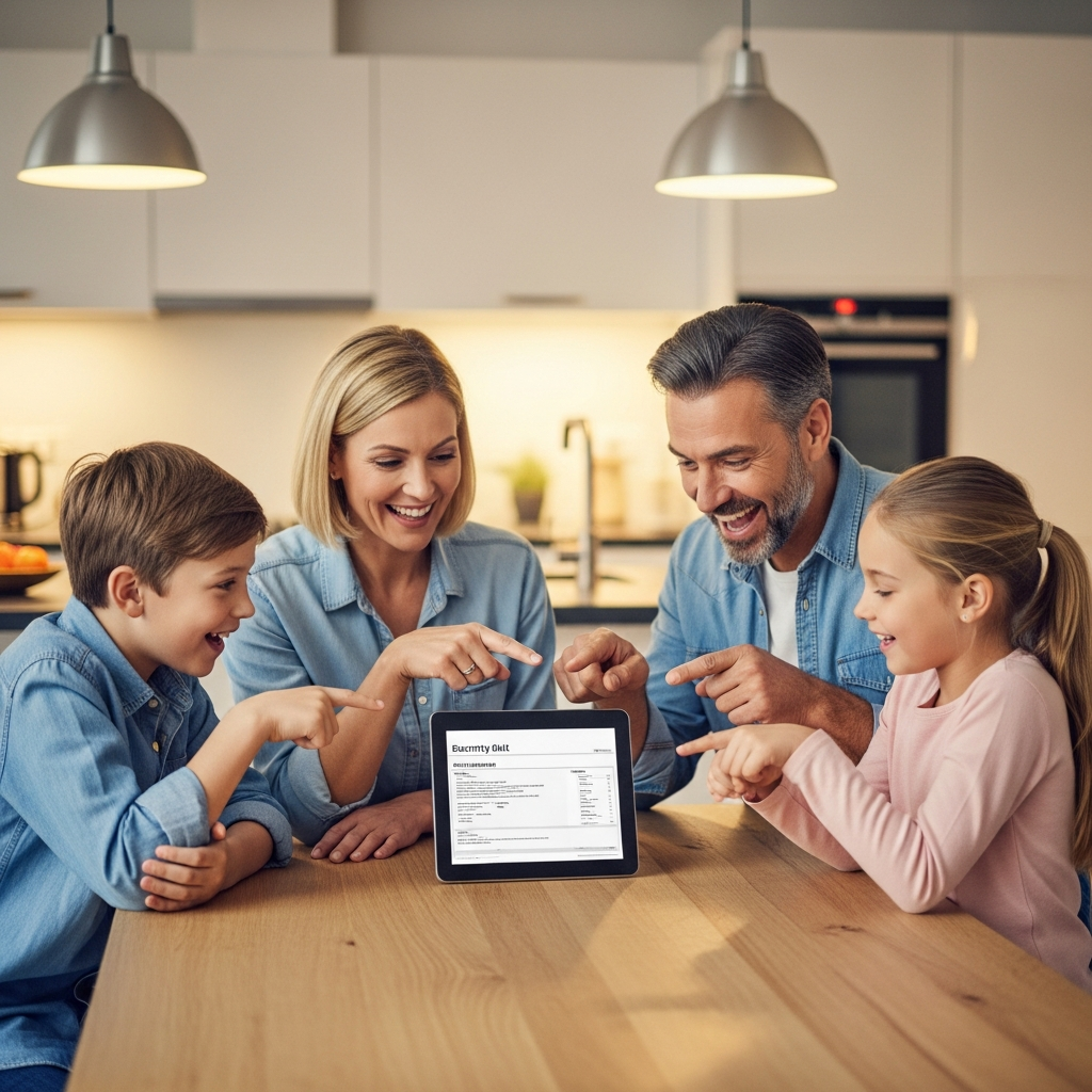 Tesla Powerwall Payback Period Sydney - A family (two adults, two children) are gathered around a kitchen table, looking at an electricity bill on a tablet. They are smiling and pointing at the screen, indicating a positive surprise at the low cost. The kitchen is bright and modern.
