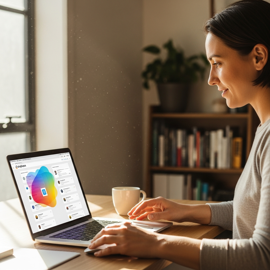 Enphase Battery Installers Melbourne - A person is sitting at their desk in a bright home office, using a laptop to browse the Enphase website. The screen shows a stylized representation of the Enphase installer directory search results. The person appears focused and confident, with natural lighting coming through the window.