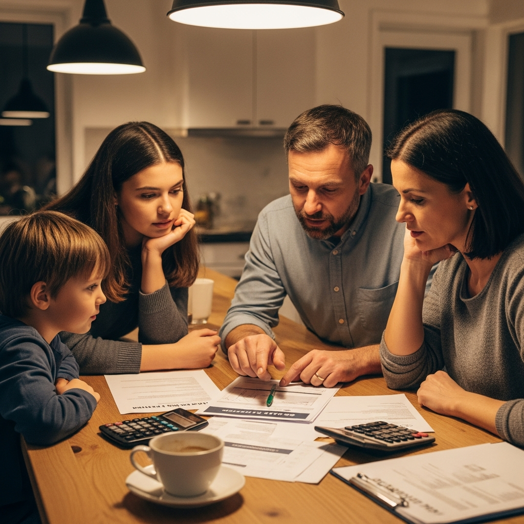 Enphase Battery Installers Melbourne - A family is gathered around their kitchen table, looking over quotes and paperwork related to solar battery installation. They appear to be having a calm and productive discussion. There is a calculator and a cup of coffee on the table, reinforcing the decision-making process.