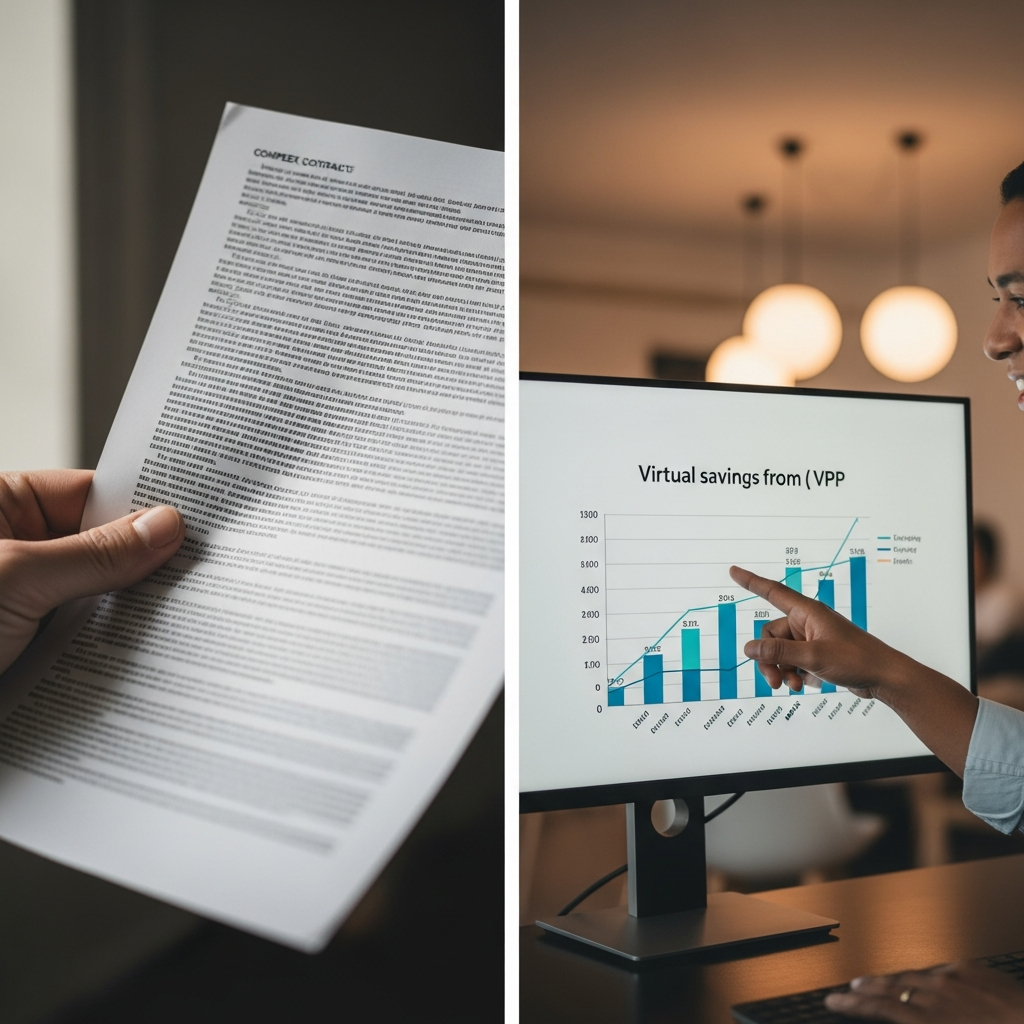 Vpp Offers Sydney Battery Owners 2025 - A split-screen image. On one side, a hand holds a confusing document with lots of fine print (stylized to be illegible, but clearly representative of complex contracts). On the other side, a calm and friendly solar expert is pointing to a clean, simple graph that illustrates potential savings from a VPP. This represents simplifying complex information.