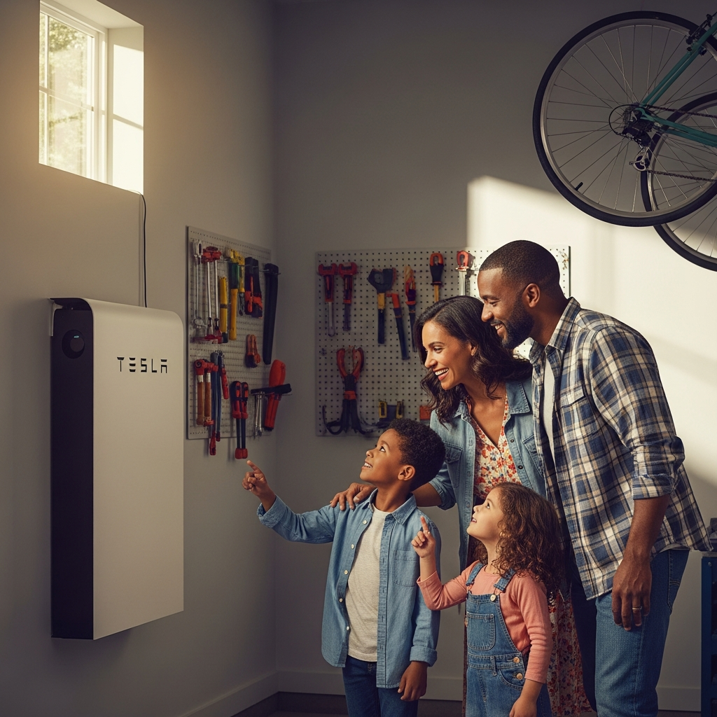 Vpp Offers Sydney Battery Owners 2025 - A bright and airy garage scene. A Tesla Powerwall battery is mounted on the wall, and a happy family (parents and two young children) are gathered around it, looking at it with admiration and a sense of accomplishment. The garage is clean and organized, suggesting a well-maintained and efficient home. The focus should be on the Powerwall as a symbol of energy independence.