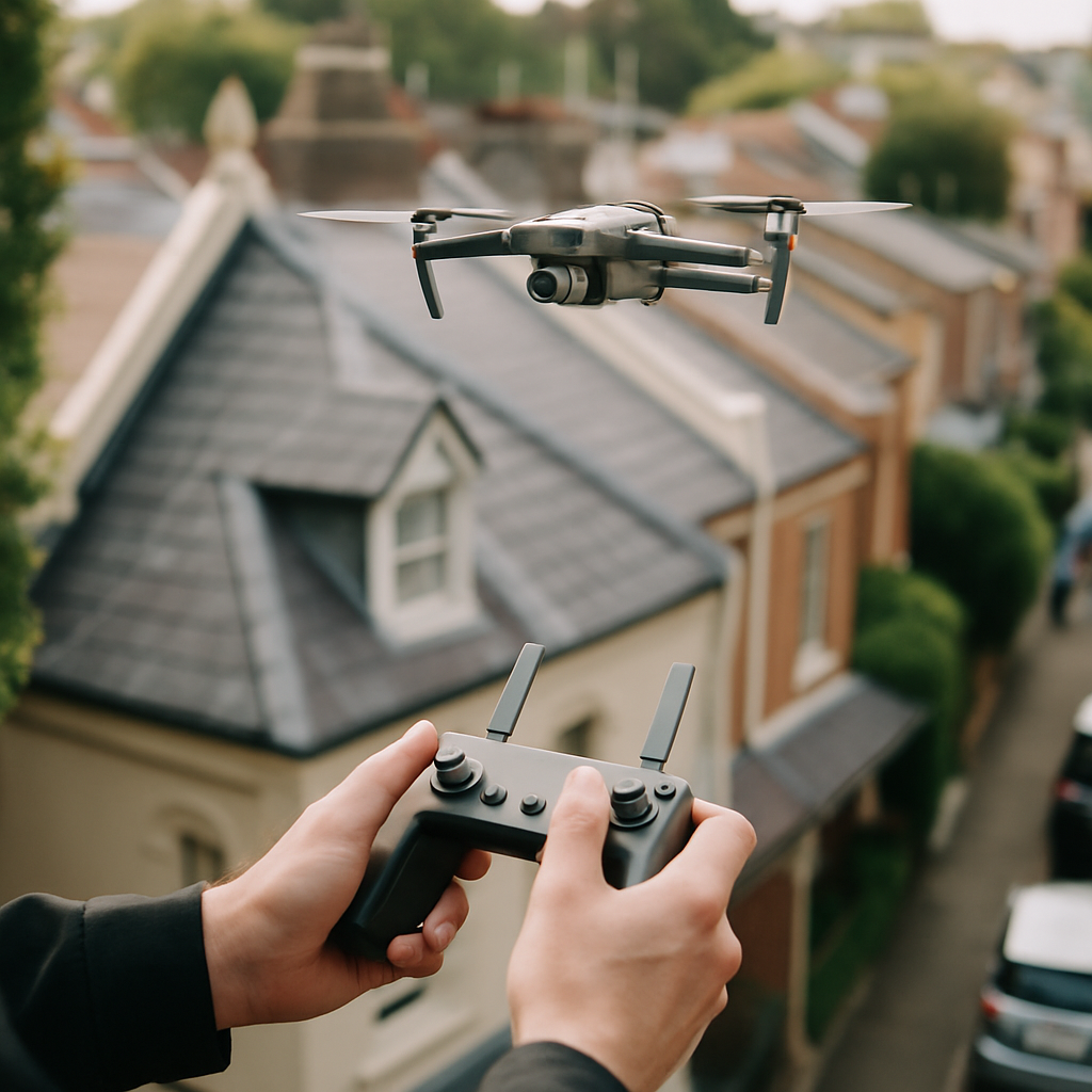 Inner West Sydney Solar Guide - A close-up shot of two hands using a drone to inspect a compact, complex roof in a densely populated urban area. The focus is on the technological solution to overcome the limitations of small and shaded roofs. The scene should look safe, professional, and modern.