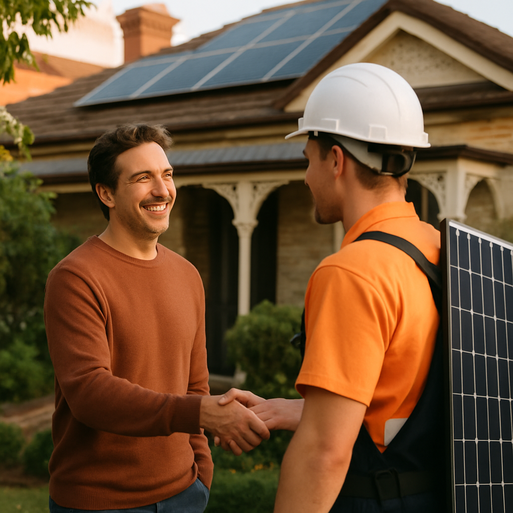 Inner West Sydney Solar Guide - A smiling homeowner is shaking hands with a solar installer. Both are standing in front of a heritage-style home in the Inner West. The focus is on trust and expertise.