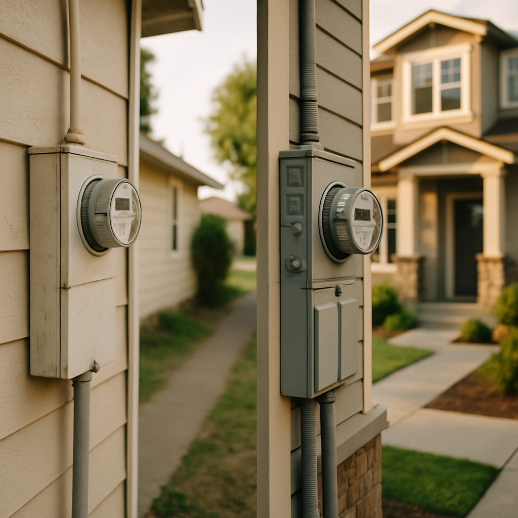 Three-Phase Power For Large Solar System Sydney - A split-screen image. On the left, a simple electrical meter box on the side of a modest suburban house. On the right, a more complex meter box serving a larger, modern home. This visually represents the difference between single-phase and three-phase power needs.