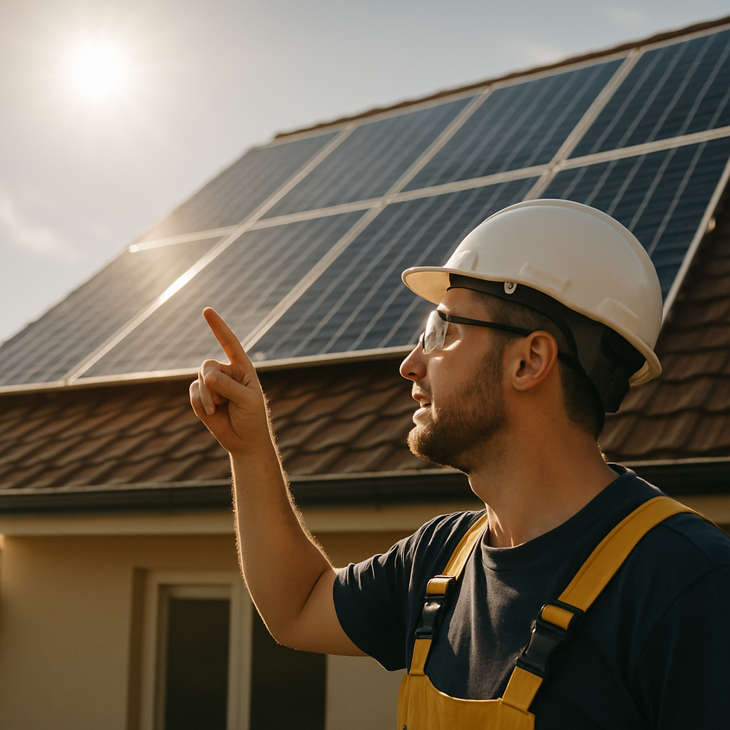 Three-Phase Power For Large Solar System Sydney - An electrician, wearing safety glasses, pointing up at a newly installed array of solar panels on a residential roof. The sun is shining, and the image conveys a sense of clean energy. Focus is on the professional and the system, not the brand.