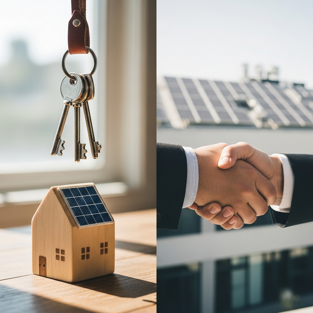Solar Finance Sydney - A split image. On the left, a set of keys is hanging above a stylized miniature solar panel on a toy house. On the right, a handshake between two people in business attire is in focus with solar panels visible on the roof of a building in the blurred background, representing a partnership.