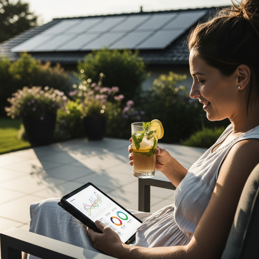 Solar Finance Sydney - A woman sits on her patio enjoying an iced tea. She's looking at her electricity bill on a tablet in her lap and smiling contentedly. In the background, out of focus, are solar panels on her roof and a leafy garden, suggesting a relaxed, low-maintenance lifestyle. No specific details of the UI on the tablet screen should be visible.
