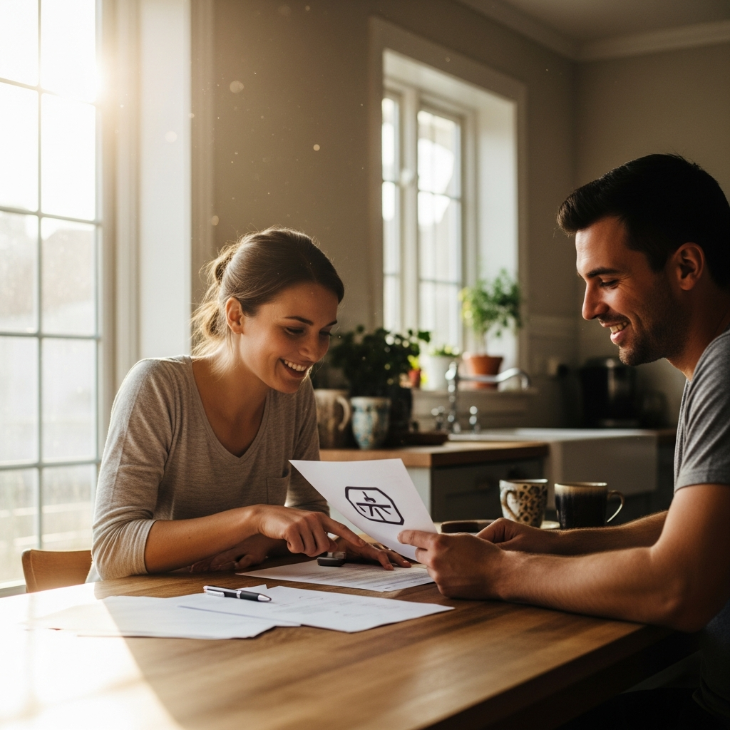 Add Battery To Existing Solar System Sydney - A young couple smiles as they review documents at their kitchen table. Sunlight streams in through the window. They are pointing at what looks like an official letter with a stylized, illegible logo suggesting a rebate or incentive program. The overall feeling is one of excitement and financial benefit.