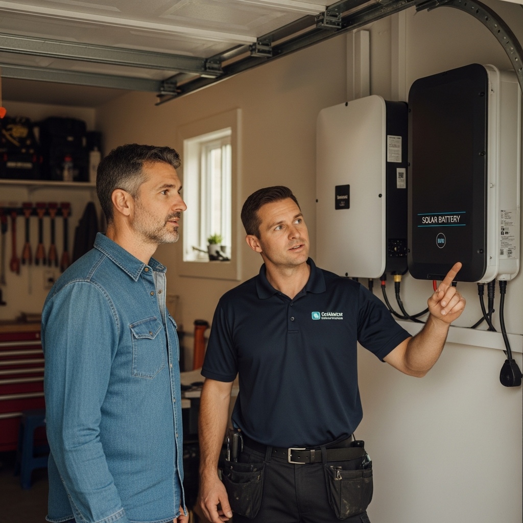Add Battery To Existing Solar System Sydney - A homeowner in their garage looking with interest at a newly installed solar battery. An installer, wearing a clean uniform, is pointing and explaining the system. The focus is on clear communication and a successful home energy upgrade.