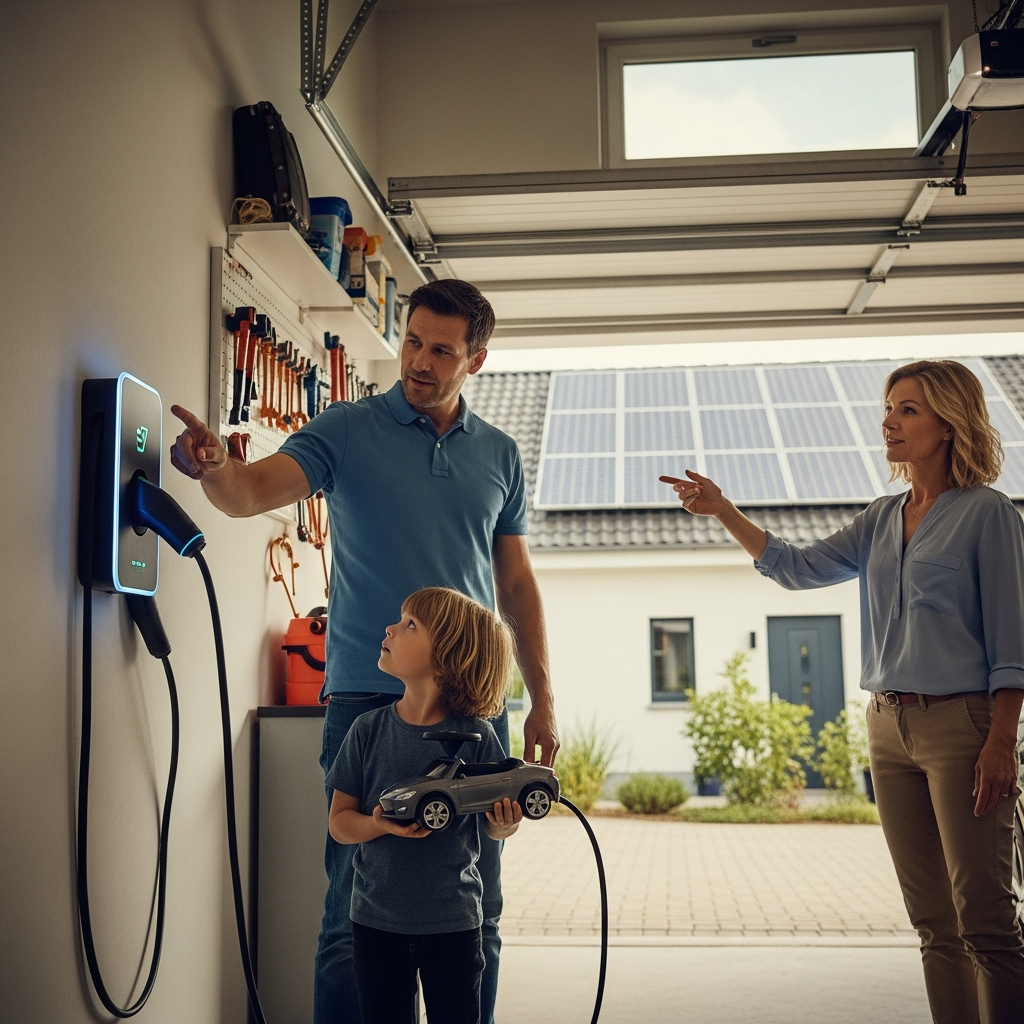 Ev Charging With Solar In Sydney: How To Size Your System Correctly - A family (father, mother, and child) standing in their garage. The father is pointing to a stylized EV charger mounted on the wall, while the mother is gesturing towards the solar panels visible on the roof through the open garage door. The child is holding a toy electric car. The scene emphasizes the connection between solar power and EV charging in a family setting.